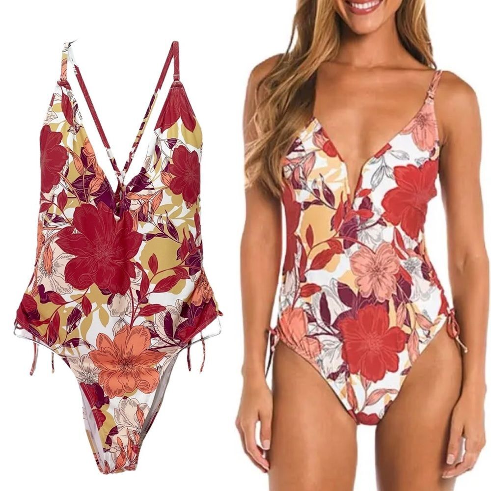 Mynah Floral One Piece Swimsuit Size XXL Plunge V Neck Tie Back Rust Pink Yellow